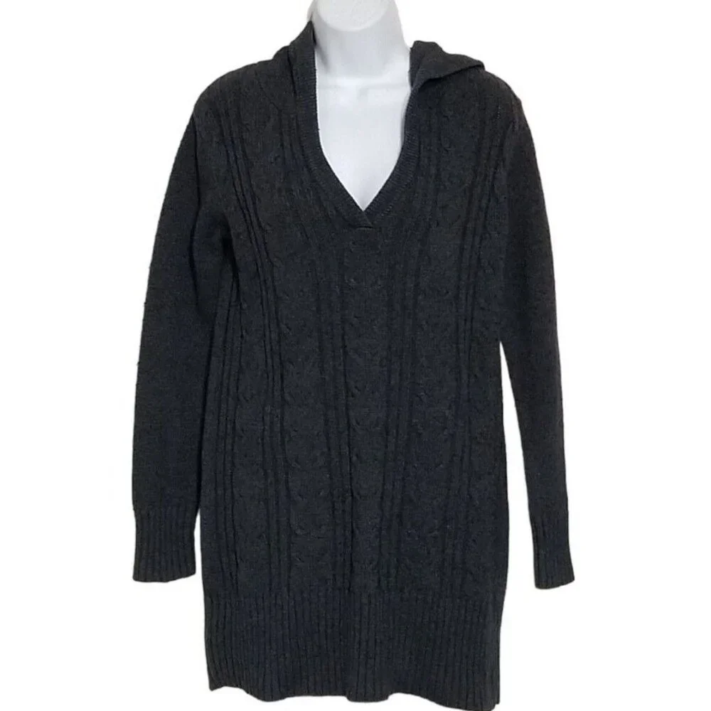 Hoodie Sweater Womens M Lamb Blend Long Sleeve Slub Cable Knit Charcoal - Picture 3 of 14